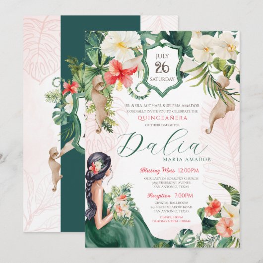 Invitation Feuilles tropicaux Emerald Green Floral Quinceaner (Devant / Derrière)