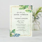 Invitation Feuilles tropicaux et cals blancs mariage aquarell (Debout devant)
