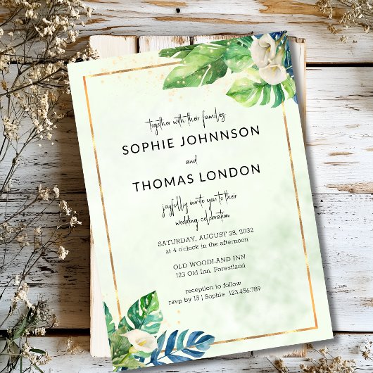 Invitation Feuilles tropicaux et cals blancs mariage aquarell