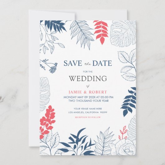 Invitation Feuilles tropicaux et fleurs cadre mariage (Devant)