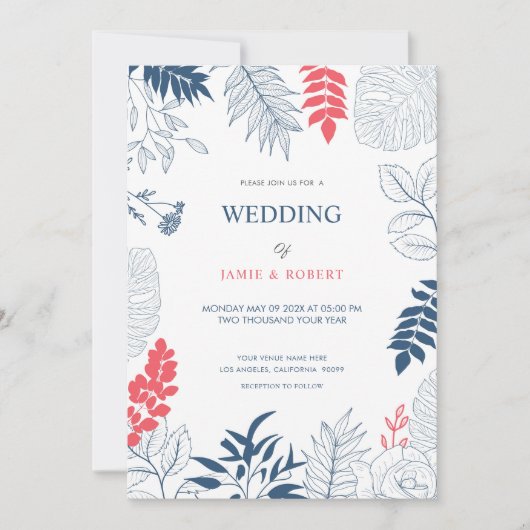 Invitation Feuilles tropicaux et fleurs cadre mariage (Devant)