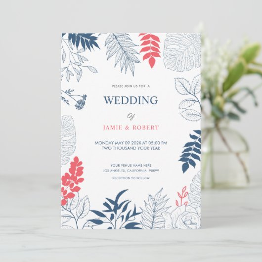Invitation Feuilles tropicaux et fleurs cadre mariage (Debout devant)