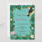 Invitation Feuilles tropicaux, Fleurs, Baby shower Flamant ro (Devant)
