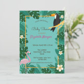 Invitation Feuilles tropicaux, Fleurs, Baby shower Flamant ro (Debout devant)