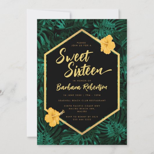 Invitation Feuilles tropicaux Floral Green Sweet sixteen or (Devant)