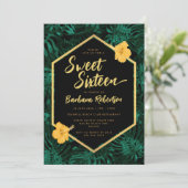 Invitation Feuilles tropicaux Floral Green Sweet sixteen or (Debout devant)