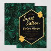 Invitation Feuilles tropicaux Floral Green Sweet sixteen or (Devant / Derrière)