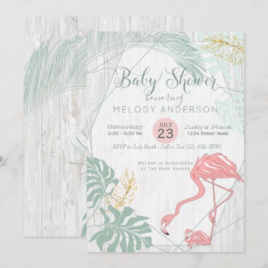 Invitation Feuilles tropicaux modernes Baby shower Flamant ro (Devant / Derrière)