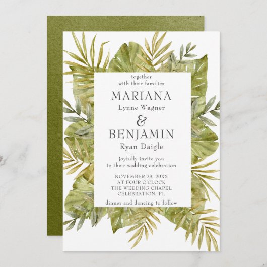 Invitation Feuilles tropicaux modernes Sage Green (Devant / Derrière)