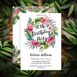 Invitation Feuilles tropicaux | Pink Floral 50th Birthday Par<br><div class="desc">Belle aquarelle fleurie rose hibiscus anniversaire conception de la couronne avec une végétation tropicale luxuriante et un arc rose à boucle multiple. Le thème se poursuit à l'arrière avec un swag fleuri et tropical au sommet et au fond.</div>