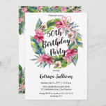 Invitation Feuilles tropicaux | Pink Floral 50th Birthday Par<br><div class="desc">Belle aquarelle fleurie rose hibiscus anniversaire conception de la couronne avec une végétation tropicale luxuriante et un arc rose à boucle multiple. Le thème se poursuit à l'arrière avec un swag fleuri et tropical au sommet et au fond.</div>