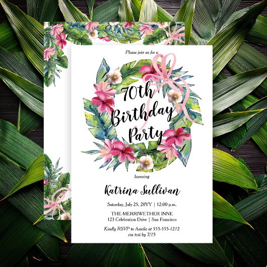 Invitation Feuilles tropicaux | Pink Floral 70th Birthday Par