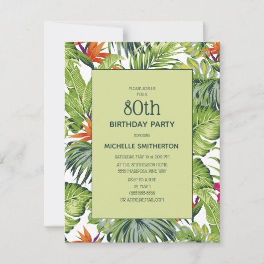 Invitation Feuilles tropicaux rose orange floral 80e annivers (Devant)