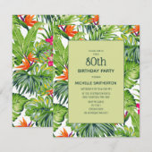 Invitation Feuilles tropicaux rose orange floral 80e annivers (Devant / Derrière)