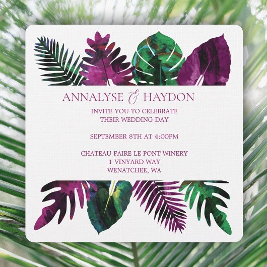 Invitation Feuilles tropicaux vert, Mariage rose Berry sauvag