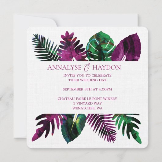 Invitation Feuilles tropicaux vert, Mariage rose Berry sauvag (Devant)