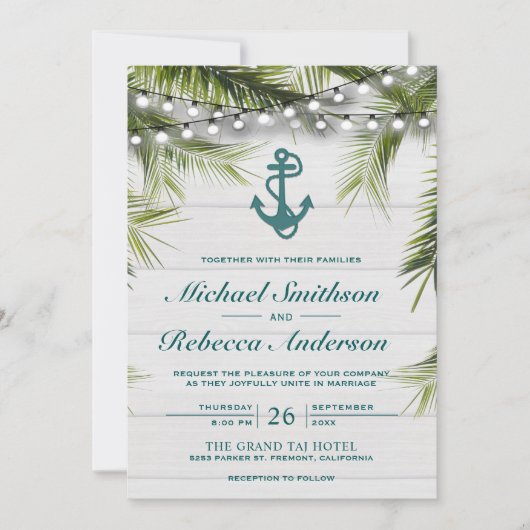Invitation Feuilles Turquoise Ancre Washed White (Devant)