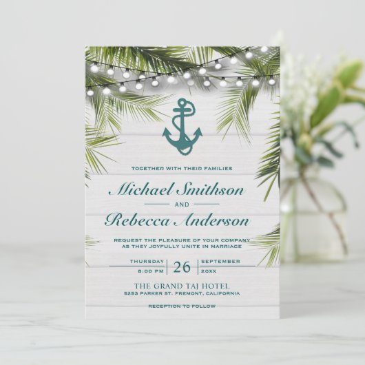 Invitation Feuilles Turquoise Ancre Washed White (Debout devant)