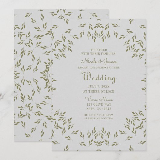 Invitation Feuilles vert olive Avoine naturelle Mariage rusti (Devant / Derrière)