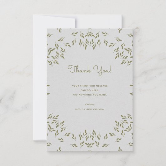 Invitation Feuilles vert olive Mariage rustique Merci (Devant)