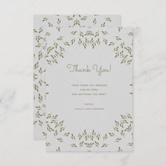 Invitation Feuilles vert olive Mariage rustique merci (Devant / Derrière)