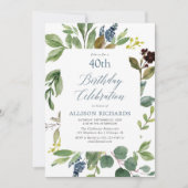 Invitation Feuilles vert verdoyant bleu poussiéreux anniversa (Devant)