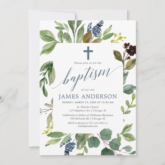 Invitation Feuilles vert verdoyant bleu poussiéreux garçon ba (Devant)