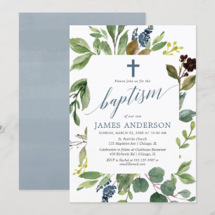 Invitation Feuilles vert verdoyant bleu poussiéreux garçon ba