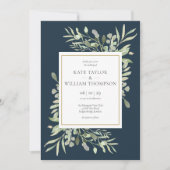 Invitation Feuilles vertes Deep Sea Blue Gold Mariage (Devant)