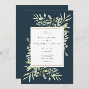 Invitation Feuilles vertes Deep Sea Blue Gold Mariage