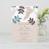 Invitation Feuilles vertes et brunes Crème Ecru Mariage (Debout devant)