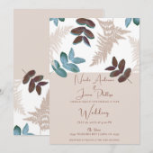 Invitation Feuilles vertes et brunes Crème Ecru Mariage (Devant / Derrière)