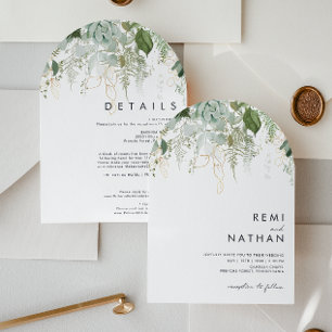 Invitation Feuilles vertes et or tout en un arc Mariage