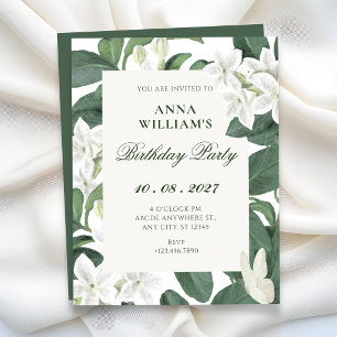 Invitation Feuilles vertes fleurs blanches anniversaire