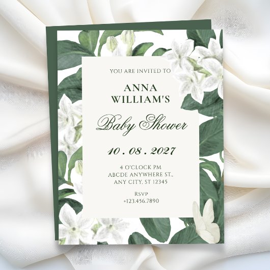 Invitation Feuilles vertes fleurs blanches baby shower