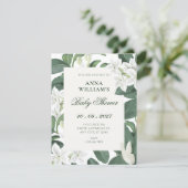 Invitation Feuilles vertes fleurs blanches baby shower (Debout devant)