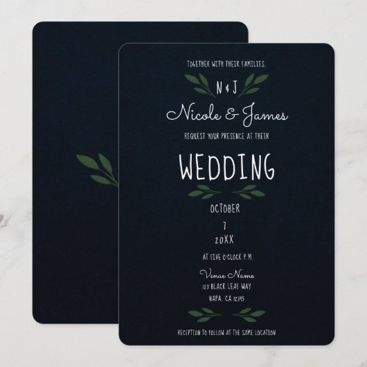 Invitation Feuilles Vertes Foncées Modernes pour Mariage (Devant / Derrière)