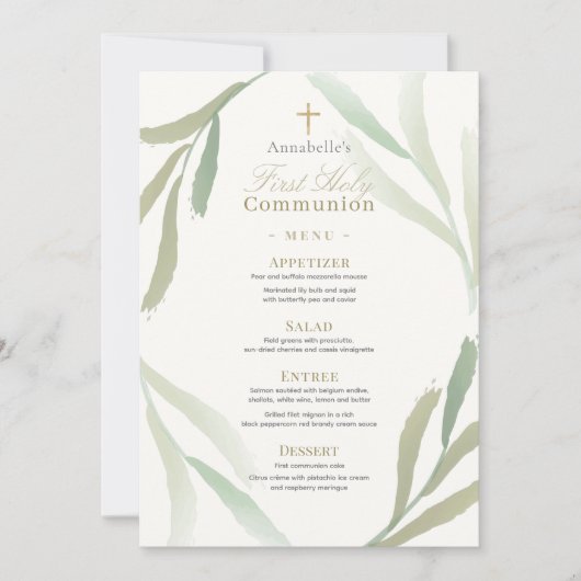 Invitation Feuilles vertes naturelles Premier Menu Communion (Devant)