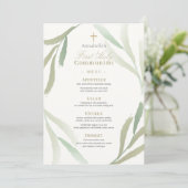 Invitation Feuilles vertes naturelles Premier Menu Communion (Debout devant)