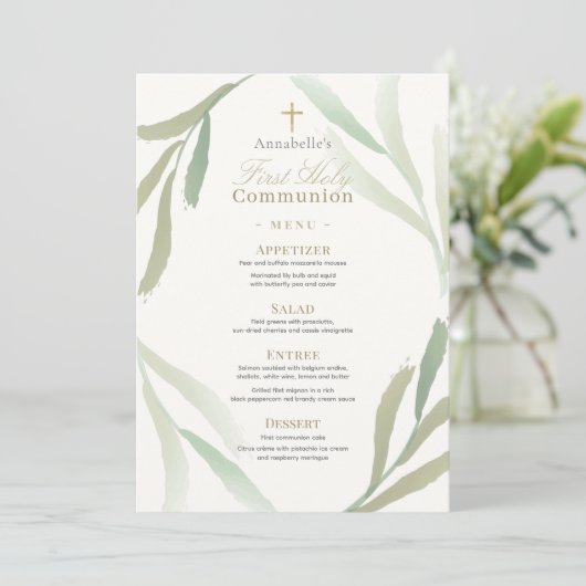 Invitation Feuilles vertes naturelles Premier Menu Communion (Debout devant)