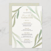 Invitation Feuilles vertes naturelles Premier Menu Communion (Devant / Derrière)