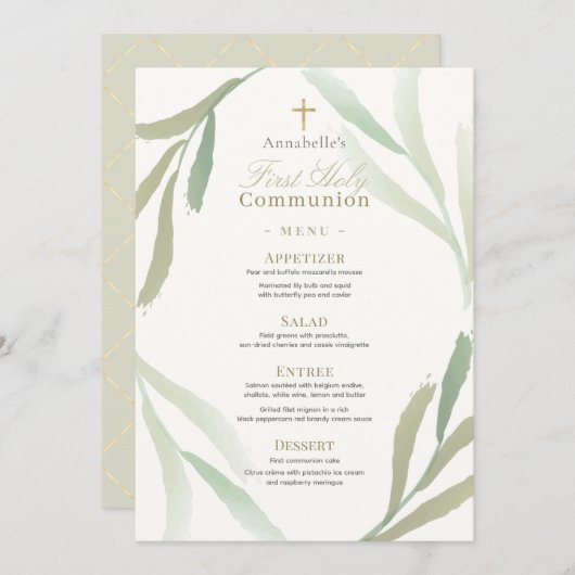 Invitation Feuilles vertes naturelles Premier Menu Communion  (Devant / Derrière)