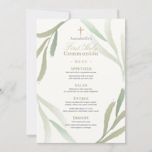 Invitation Feuilles vertes naturelles Premier Menu Communion