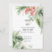 Invitation Feuilles vertes tropicales et fleurs roses d'anthu (Devant)