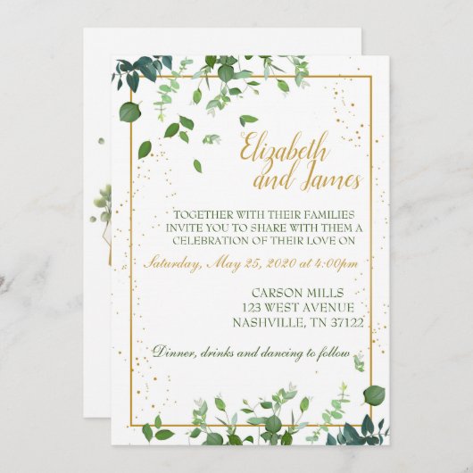 Invitation feuilles verts avec bordure en or (Devant / Derrière)