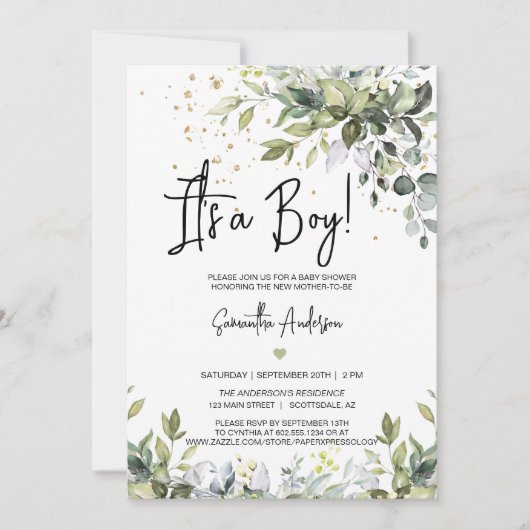 Invitation Feuilles verts C'est un Baby shower garçon QR Code (Devant)