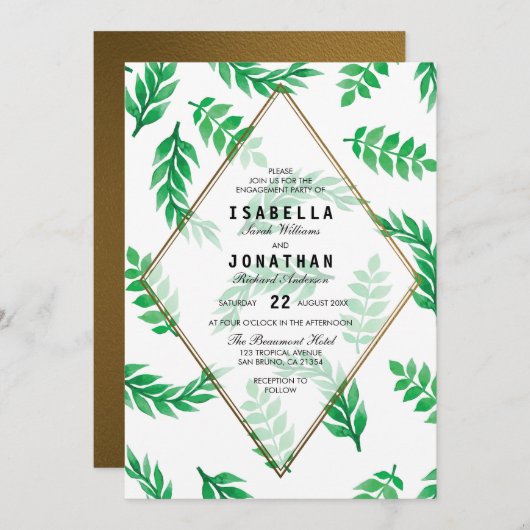 Invitation Feuilles verts| Gold Floral Engagement Party (Devant / Derrière)