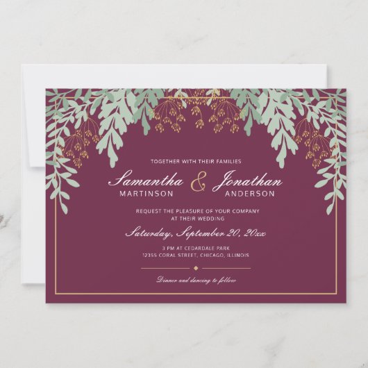 Invitation Feuilles verts Sage sur Mariage Cranberry (Devant)