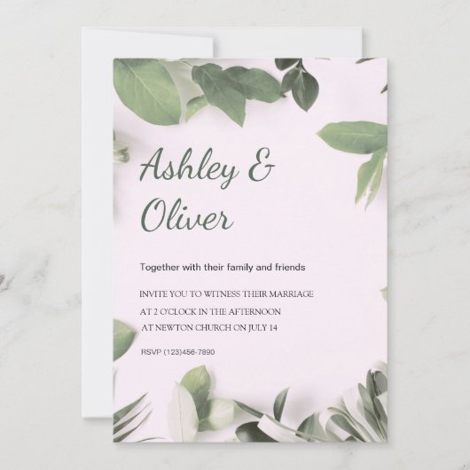 Invitation Feuilles verts simples Mariage de verdure rose (Devant)