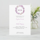 Invitation Feuilles violets Monogramme Mariage blanc de couro (Debout devant)